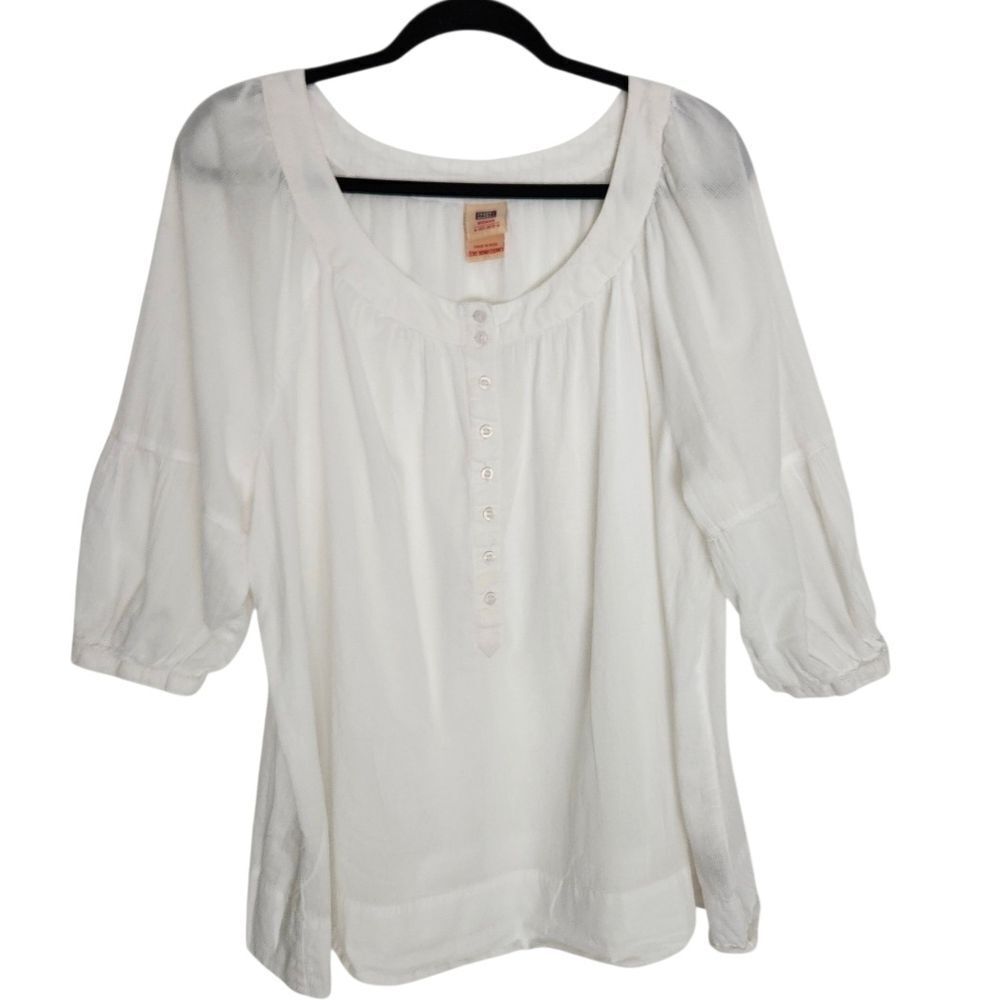 Faded Glory Womens White Blouse Semi-Sheer 3/4 Sleeve 100% Cotton Size 2X